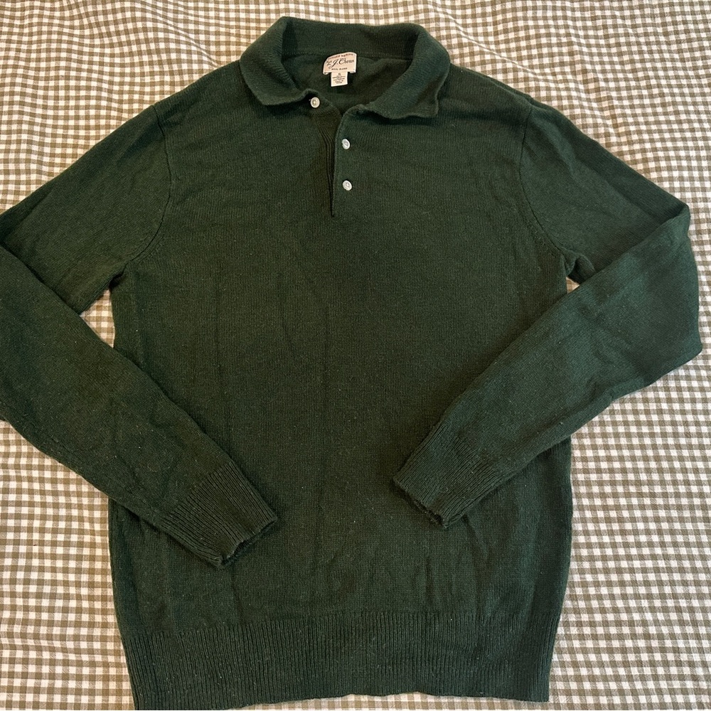 J Crew Men’s Merino Wool Forest Green Long Sleeve Polo Sweater